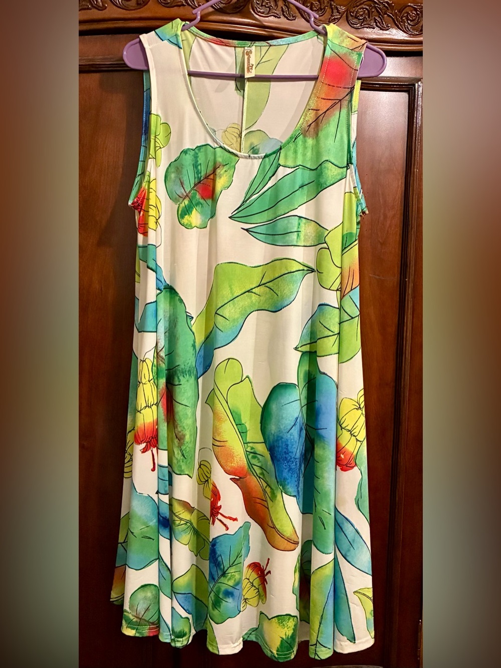 💚💛🩵❤️ Vibrantly Colorful Dress with Green, Blue & Yellow Tropical Leaf Print